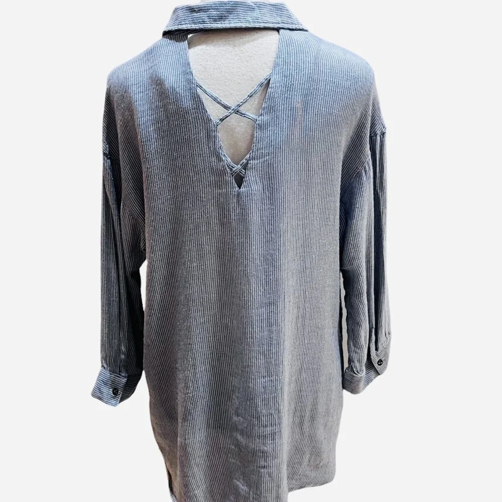 William Rast Blue Chambray Ticking Striped Pullover Top 3/4 Sleeves Sz M - Picture 5 of 11